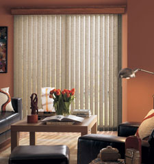 Bali Vertical Blind - Linen in Walnut with Regal Wood Cornice in Maple